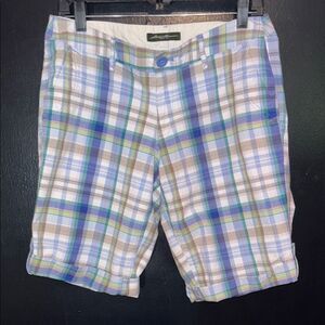 Eddie Bauer Blue and Green plaid Flat Front Shorts. Preppy classic, golf. Sz 6.